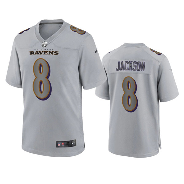 Men's Baltimore Ravens #8 Lamar Jackson Gray Atmosphere Fashion Stitched Jersey